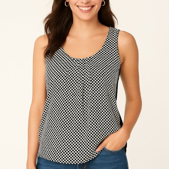 NY&C XS Black White Polka Dot Pleated Tank Top Stretch Back Sleeveless Work Blou - Picture 2 of 7